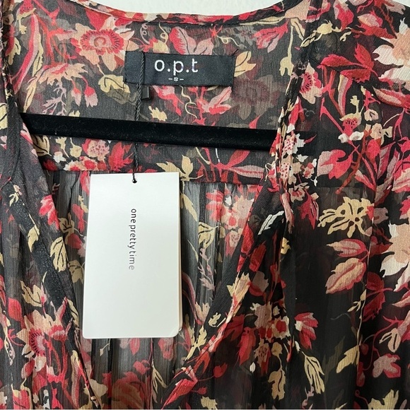 O.P.T. Long Puff Sleeve Floral Cinched Waist V Neck Sheer Maxi Dress Small NWT - Picture 8 of 12